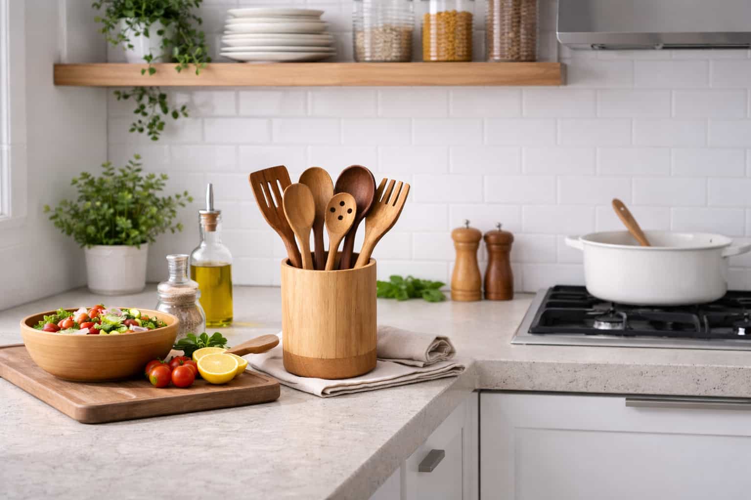 Modern kitchen with wooden utensils