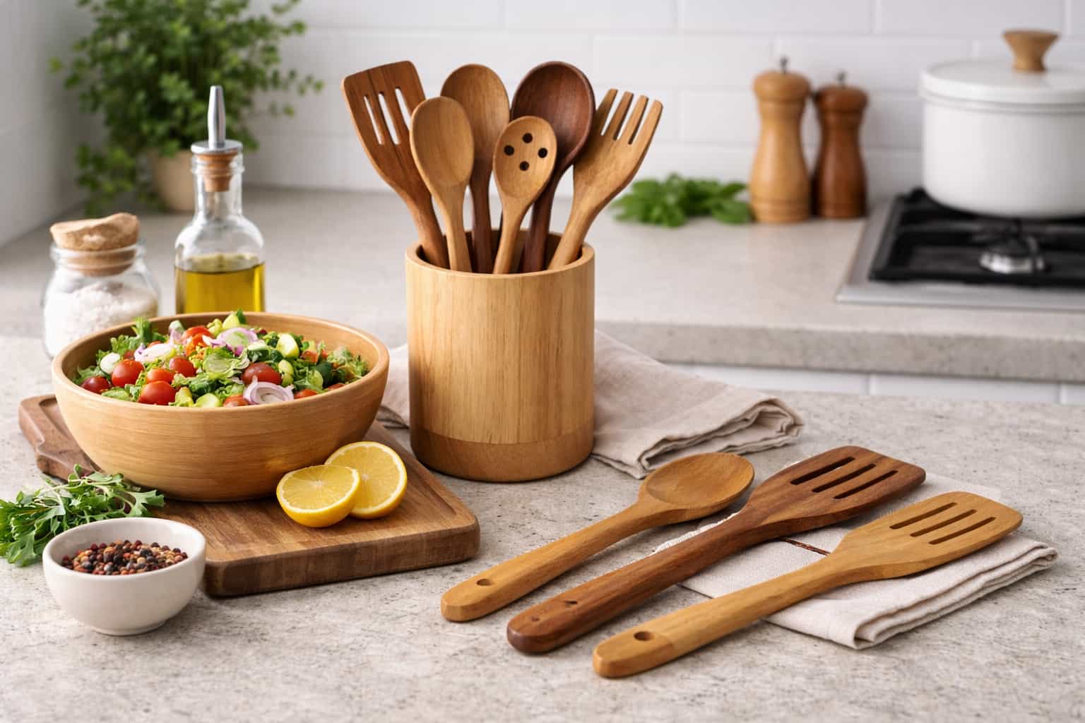 Wooden kitchen gadgets on counter
